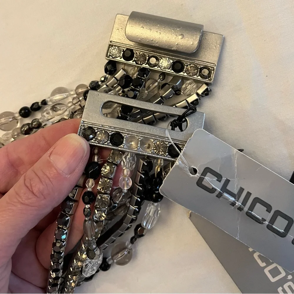 Chico's Multi-Strand Beaded Statement Necklace in Black, Silver, Clear